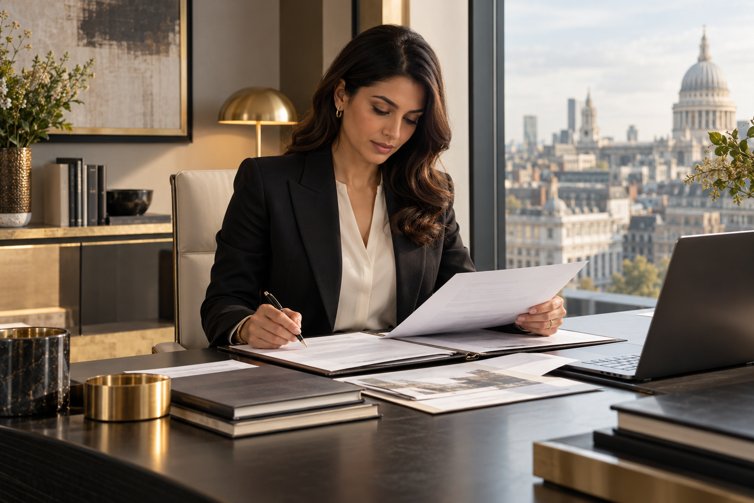 Property consultant reviewing documents